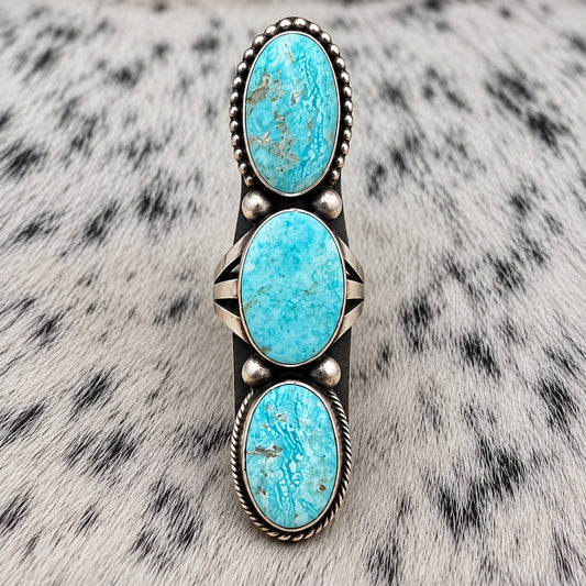 3 Stone Whitewater Turquoise Ring — closeup