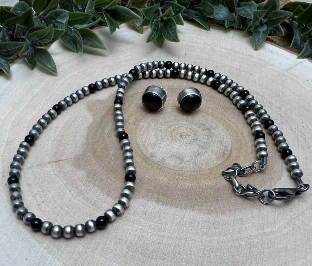 3mm Desert Pearls Silver Necklace & 4mm Post Earring Set - Sunset Turquoise Mountain