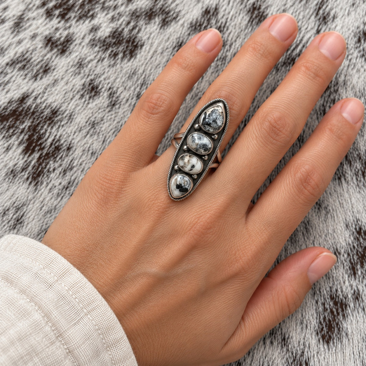 4 Stone White Buffalo Adjustable Rings — ring 3, lifestyle, worn scale approximate