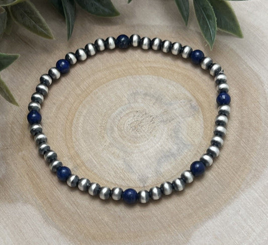 4mm Desert Pearls & Lapis Stretch Bracelet - Sunset Turquoise Mountain