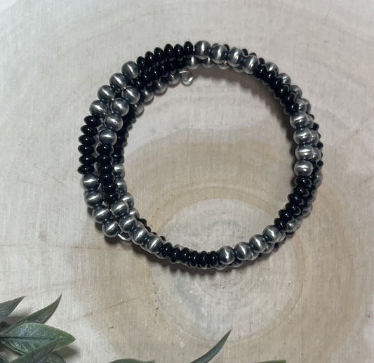 5mm Desert Pearls and Black Onyx 3 - row Memory Bracelet - Sunset Turquoise Mountain