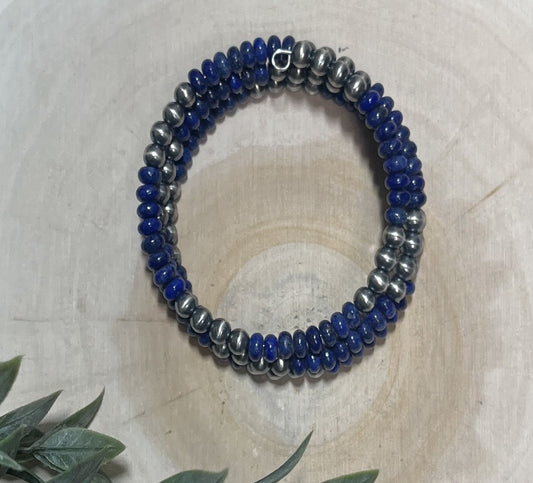 5mm Desert Pearls and Lapis 3 - row Memory Bracelet - Sunset Turquoise Mountain