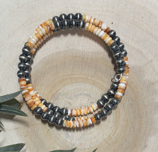 5mm Desert Pearls and Orange Spiny 3 row Memory Bracelet - Sunset Turquoise Mountain