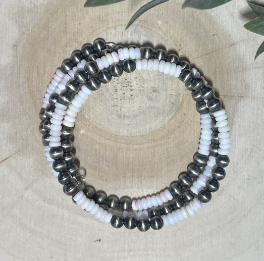 5mm Desert Pearls and Pink Conch Shell 3 - row Memory Bracelet - Sunset Turquoise Mountain