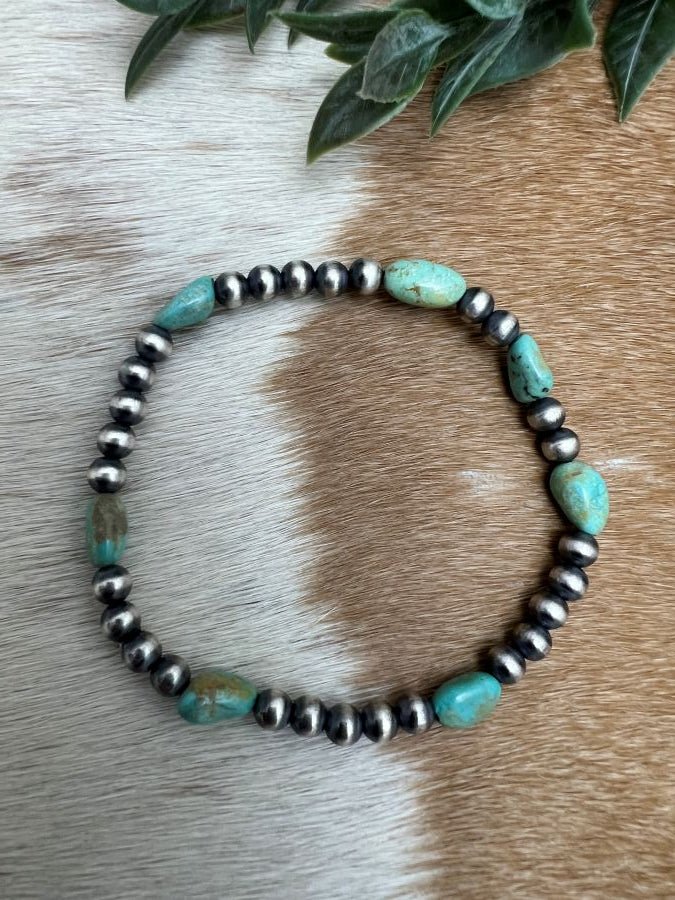 5mm Desert Pearls & Green Turquoise Nugget Stretch Bracelet - Sunset Turquoise Mountain