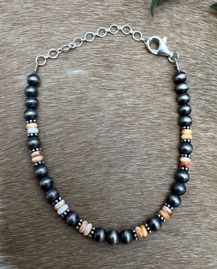 5mm Desert Pearls & Orange Spiny Bracelet - Sunset Turquoise Mountain