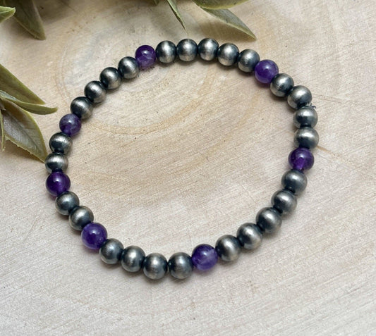 6mm Desert Pearls & Amethyst Stretch Bracelet - Sunset Turquoise Mountain