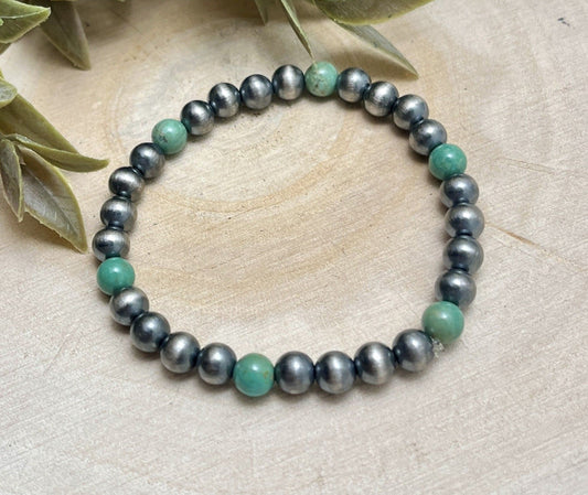 6mm Desert Pearls & Green Turquoise Stretch Bracelet - Sunset Turquoise Mountain