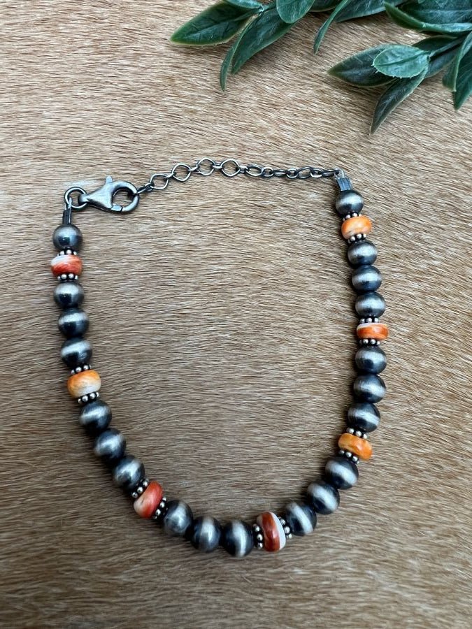 6mm Desert Pearls & Orange Spiny Bracelet - Sunset Turquoise Mountain