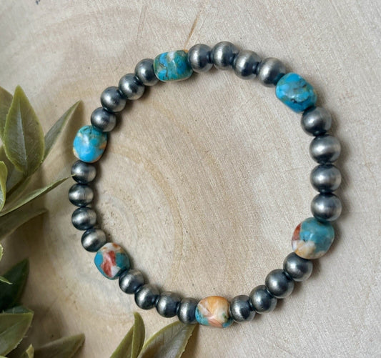 6mm Desert Pearls & Turquoise & Spiny Stretch Bracelet - Sunset Turquoise Mountain