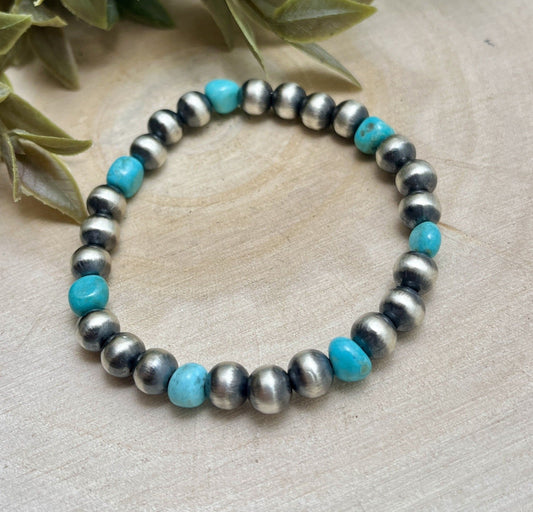 7mm Desert Pearls & Turquoise Stretch Bracelet - Sunset Turquoise Mountain