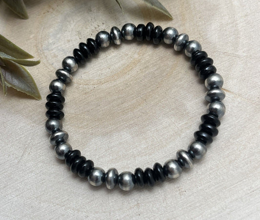 7mm Desert Saucer Pearls & Onyx Stretch Bracelet - Sunset Turquoise Mountain