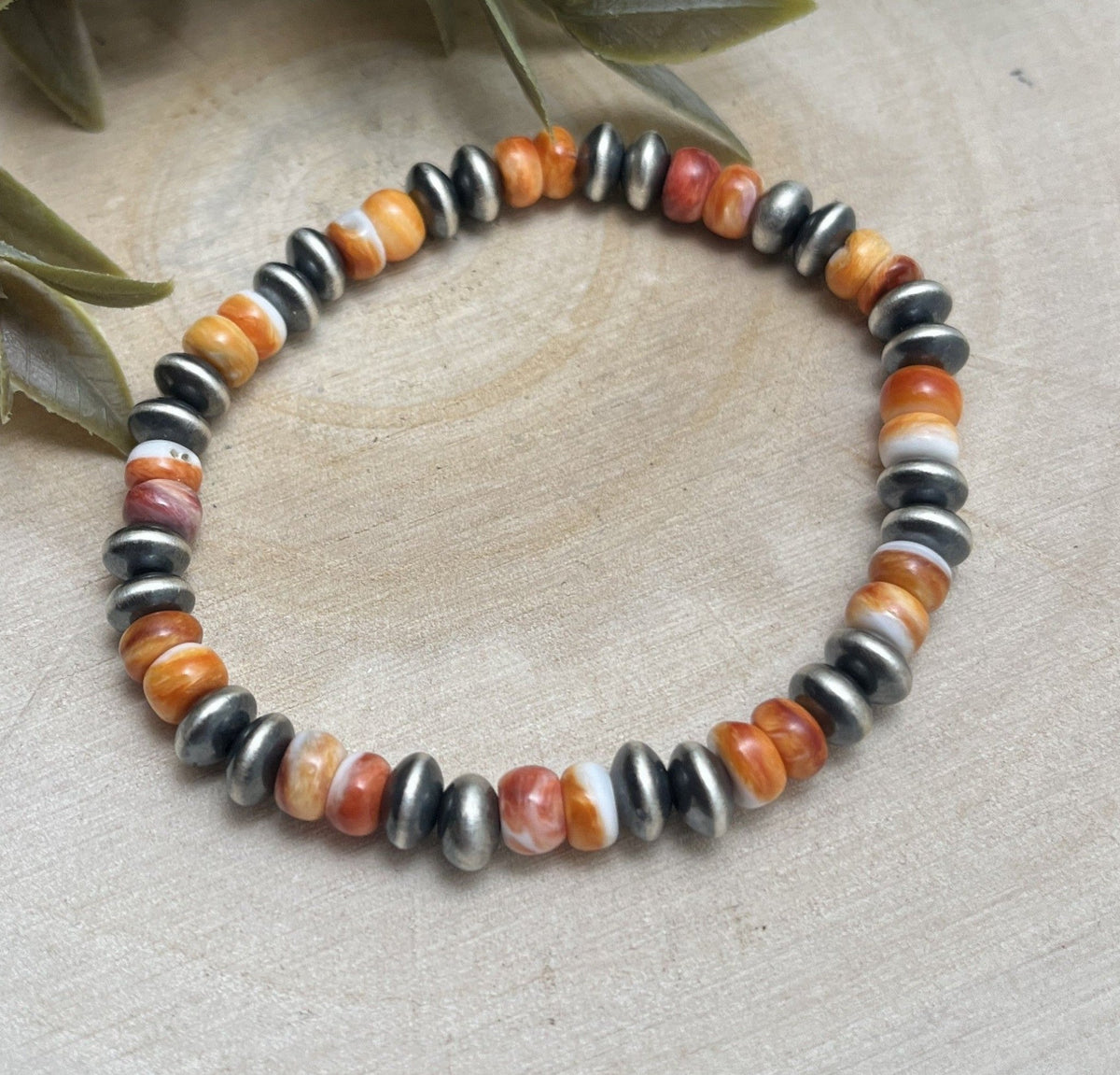7mm Desert Saucer Pearls & Orange Spiny Stretch Bracelet - Sunset Turquoise Mountain