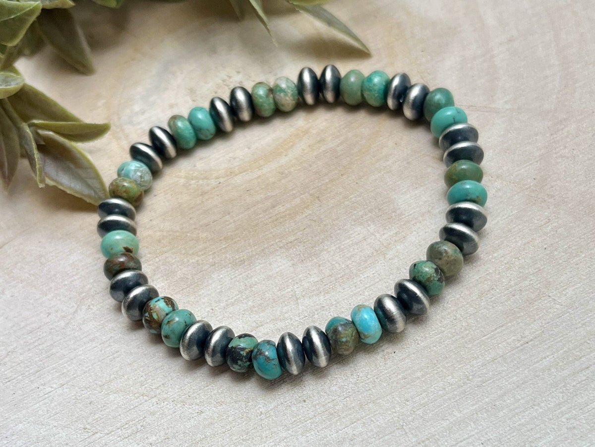 7mm Desert Saucer Pearls & Turquoise Stretch Bracelet - Sunset Turquoise Mountain