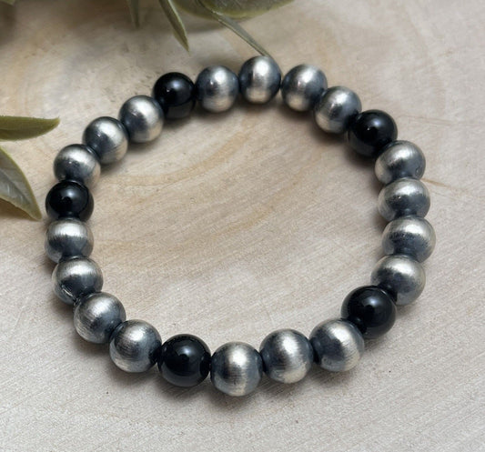 8mm Desert Pearls & Onyx Stretch Bracelet - Sunset Turquoise Mountain