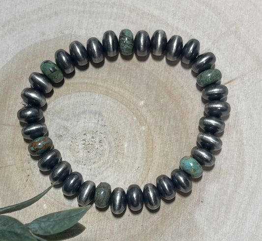 9mm Desert Saucer Pearls & Green Turquoise Stretch Bracelet - Sunset Turquoise Mountain