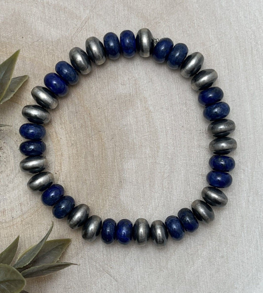 9mm Desert Saucer Pearls & Lapis Stretch Bracelet - Sunset Turquoise Mountain