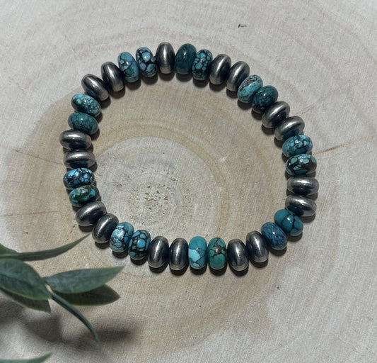 9mm Desert Saucer Pearls & Turquoise Stretch Bracelet - Sunset Turquoise Mountain