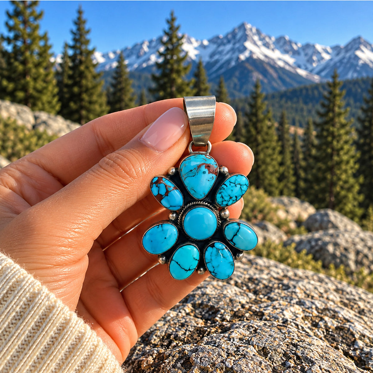 Bobby Johnson turquoise cluster pendant held in a hand outdoors
