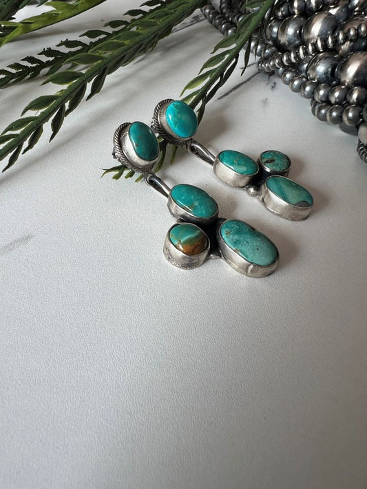 Daniel Benally 4 - stone Turquoise Post Dangle Earrings - Sunset Turquoise Mountain