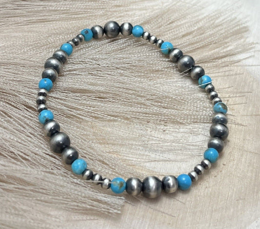 Desert Pearls & Blue Turquoise Graduated Stretch Bracelet - Sunset Turquoise Mountain