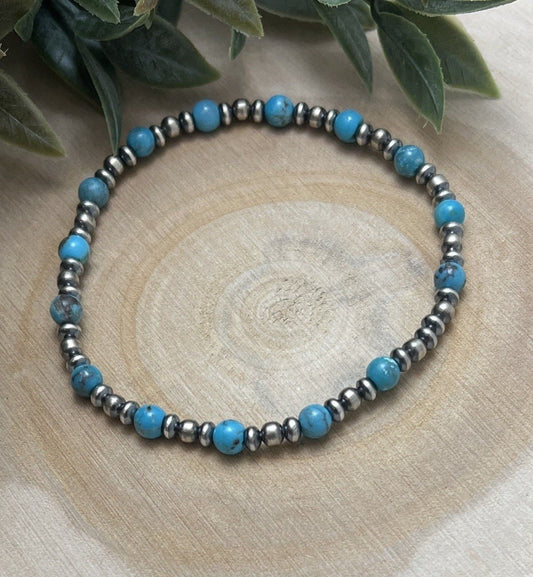Desert Pearls & Blue Turquoise Stretch Bracelet - Sunset Turquoise Mountain