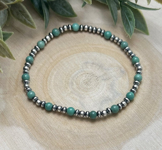 Desert Pearls & Green Turquoise Stretch Bracelet - Sunset Turquoise Mountain