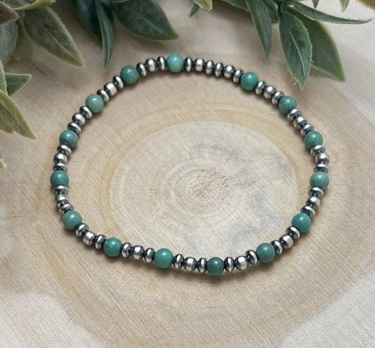 Desert Pearls & Green Turquoise Stretch Bracelet - Sunset Turquoise Mountain