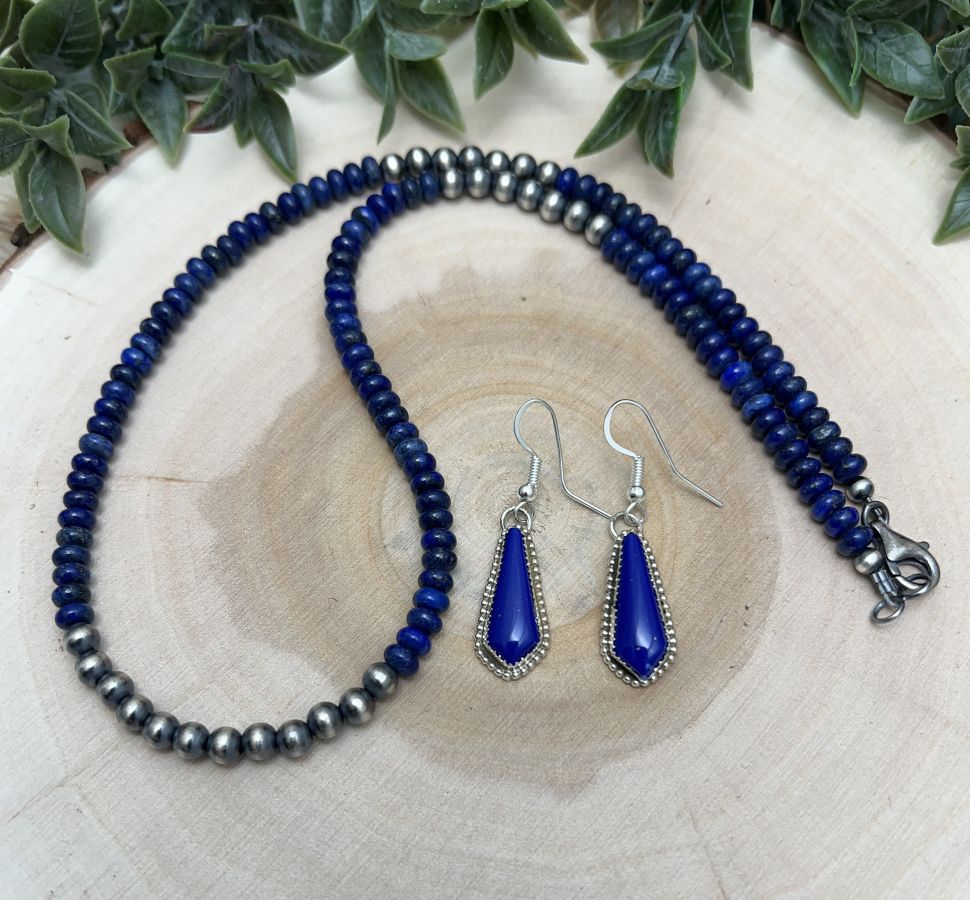 Desert Pearls & Lapis Necklace & Earring Set - Sunset Turquoise Mountain