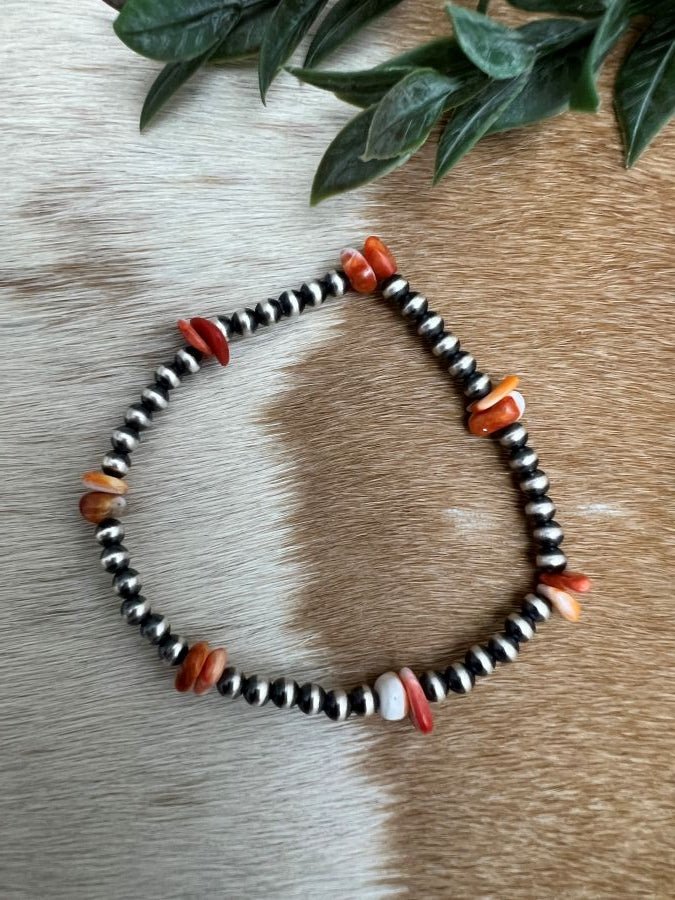 Desert Pearls & Orange Spiny Nuggets Stretch Bracelet - Sunset Turquoise Mountain