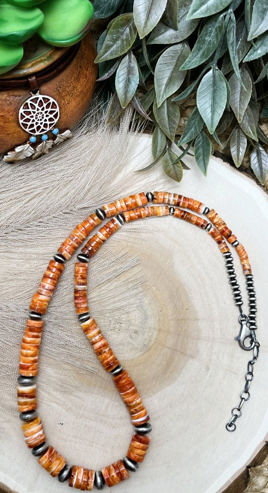 Desert Pearls & Orange Spiny Oyster Necklace - Sunset Turquoise Mountain