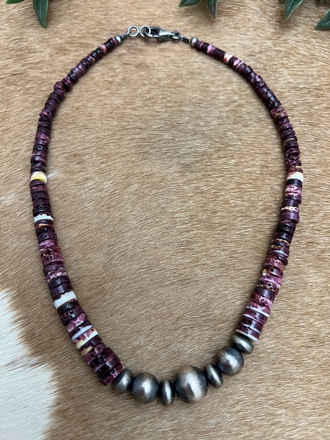 Desert Pearls & Purple Spiny Oyster Necklace - Sunset Turquoise Mountain