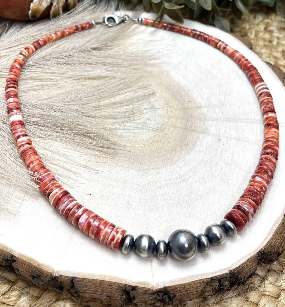 Desert Pearls & Red Spiny Oyster Necklace - Sunset Turquoise Mountain