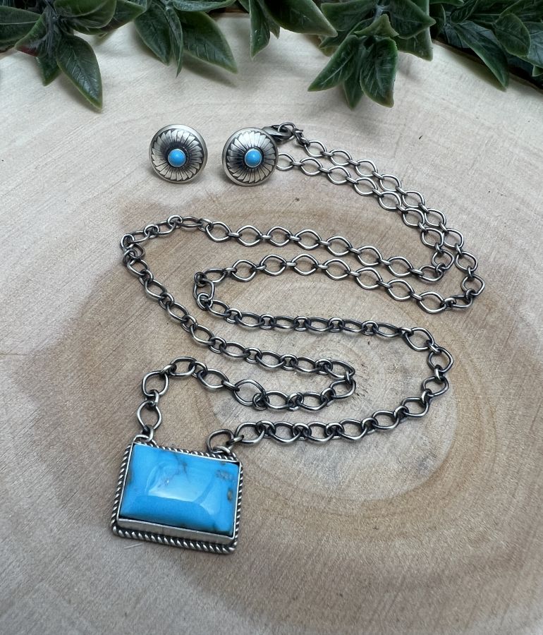 Dwight & Delayne Nez Turquoise Bar Necklace & Concho Earring Set - Sunset Turquoise Mountain