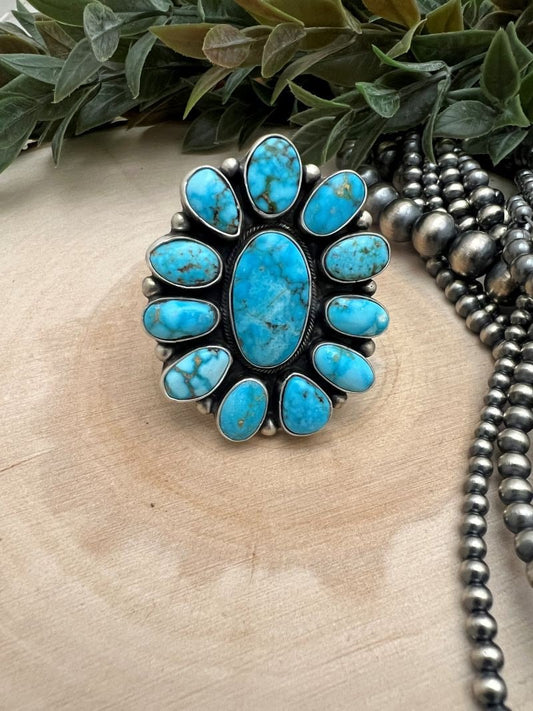Kingman Turquoise Cluster Ring By Kathleen Livingston - Sunset Turquoise Mountain