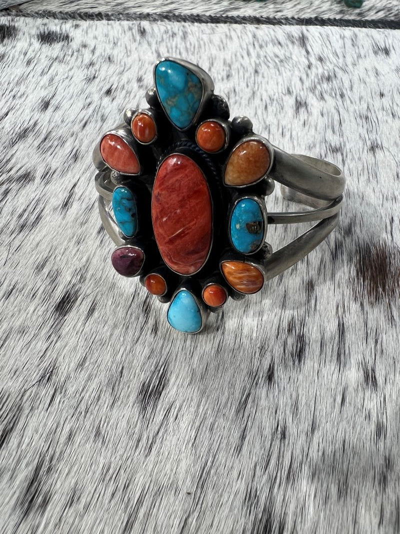 Multi Stone Turquoise and Spiny Oyster Cluster Bracelet - Sunset Turquoise Mountain