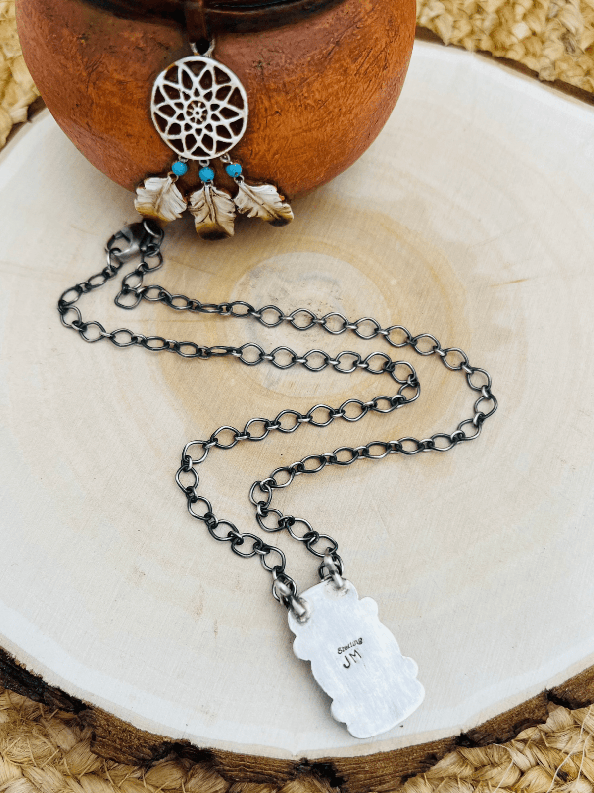 Navajo Artist 4 Stone Turquoise Bar Necklace 19" Chain Oxidized Sterling Silver - Sunset Turquoise Mountain