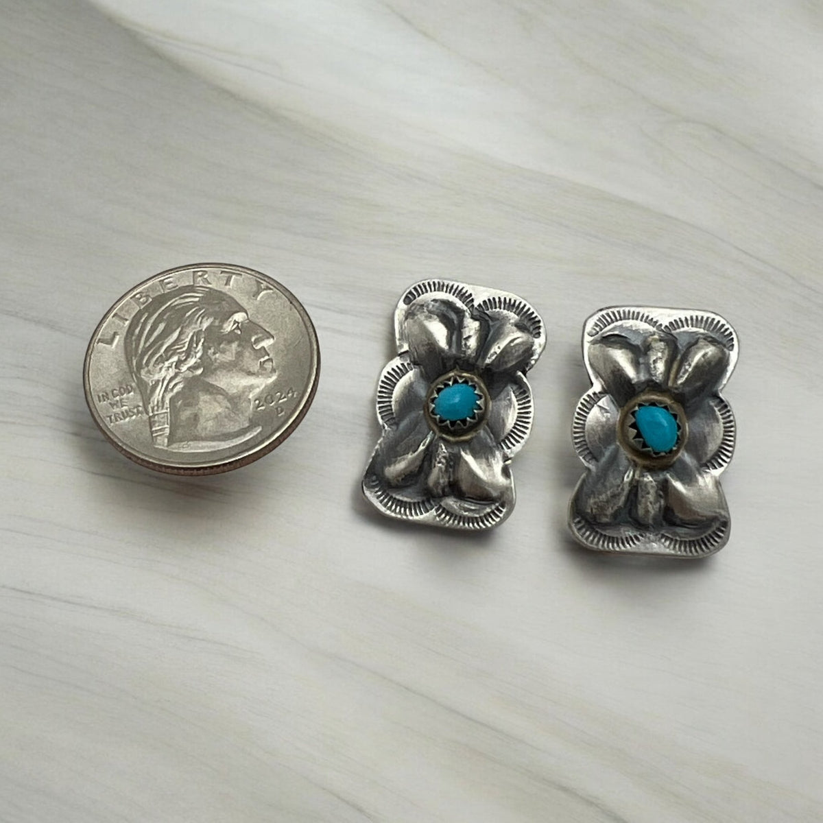 Navajo Artist Blue Turquoise Concho Butterfly Post Earring Sterling Silver - Sunset Turquoise Mountain