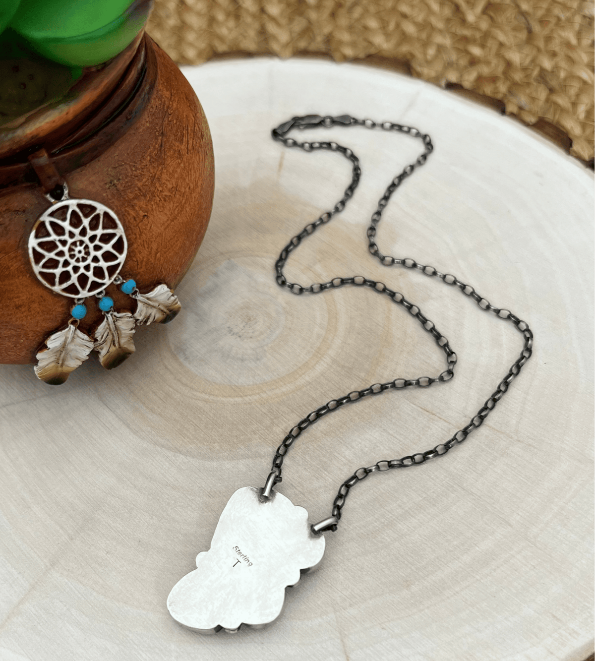 Navajo Artist Turquoise Bar Necklace with 16.5" Chain Oxidized Sterling Silver - Sunset Turquoise Mountain