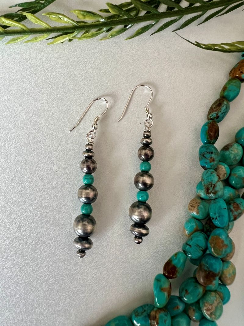 Round and Saucer Desert Pearl and Turquoise Dangle Earrings - Sunset Turquoise Mountain
