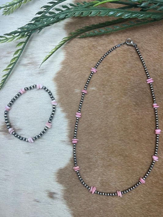 Silver Desert Pearls & Pink Conch Chips Necklace - Sunset Turquoise Mountain