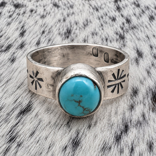 Sonoran Turquoise Ring - 5mm Wide Band with Native Stamping — closeup