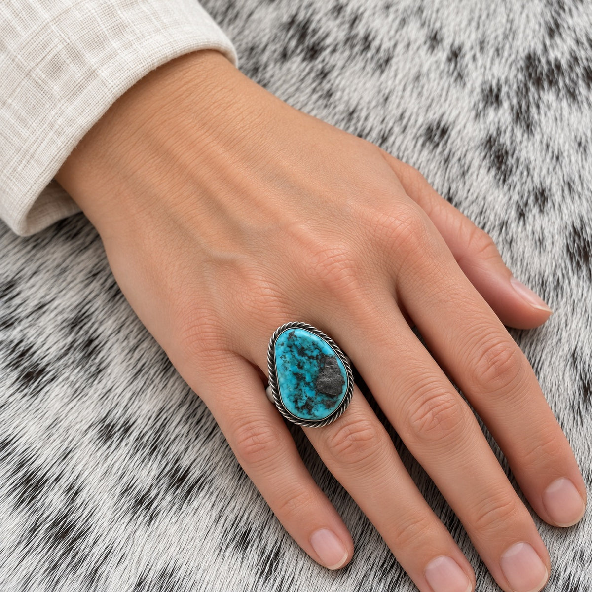 Unpolished Kingman Turquoise Ring by Susan Cooke — worn on an adult hand; approximate scale