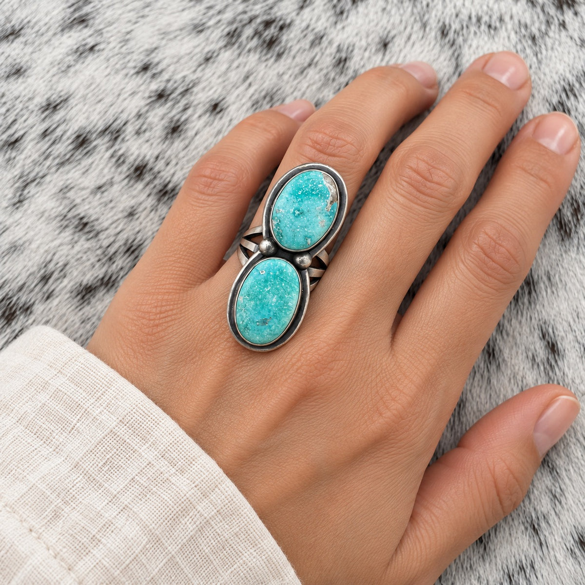 2-Stone Whitewater Turquoise Ring — lifestyle (approximate worn scale)