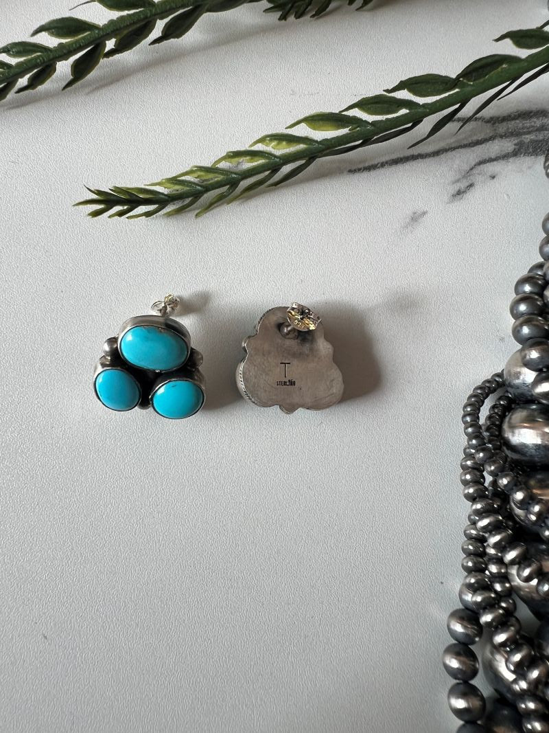 3 - stone Sonoran Turquoise Post Earrings - Sunset Turquoise Mountain