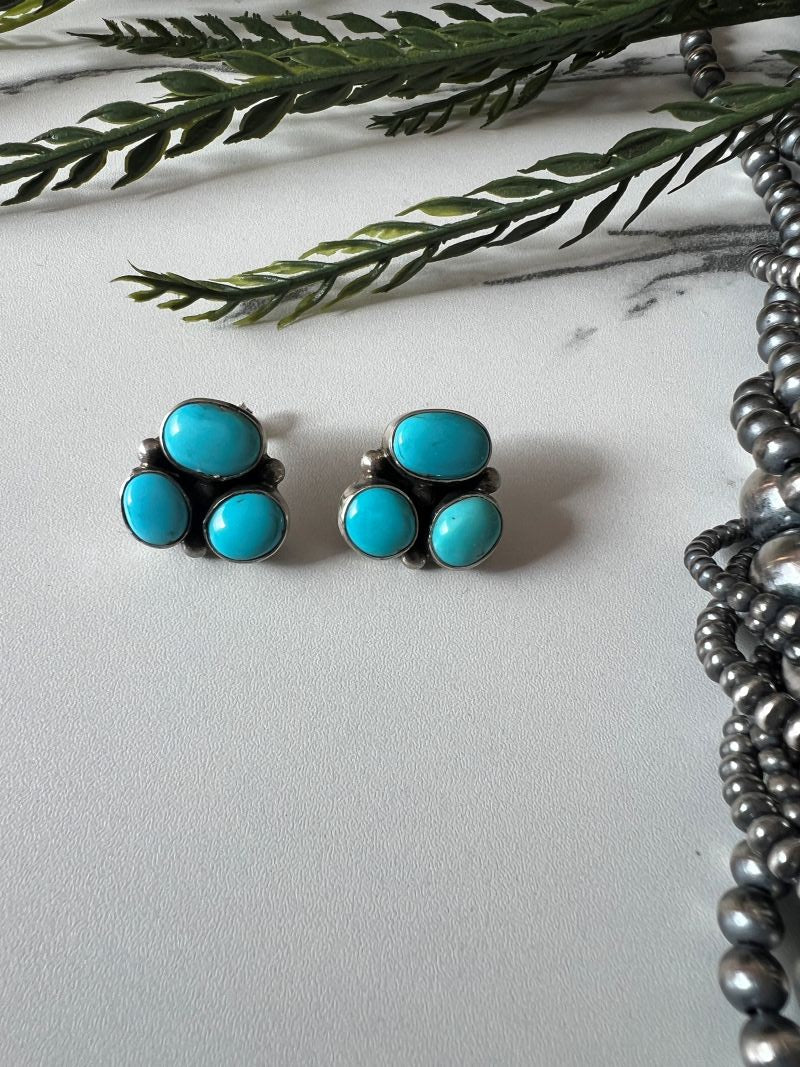 3 - stone Sonoran Turquoise Post Earrings - Sunset Turquoise Mountain