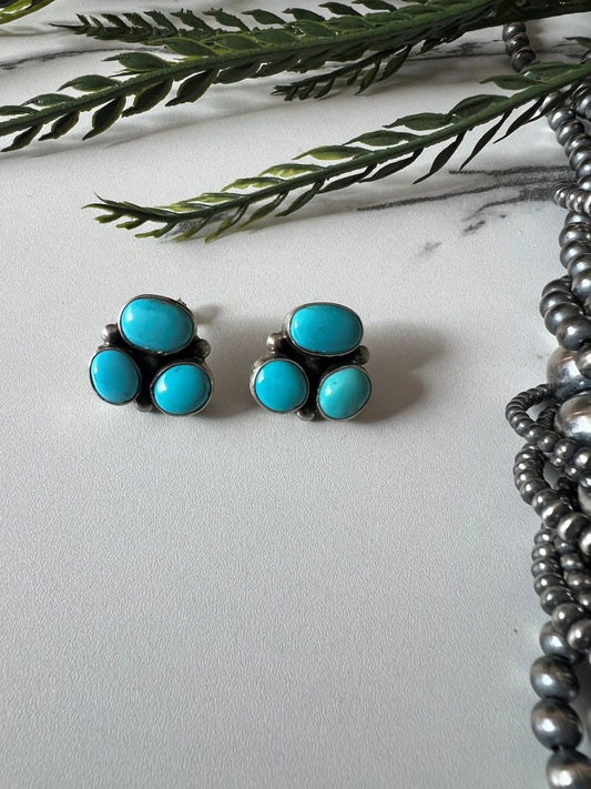 3 - stone Sonoran Turquoise Post Earrings - Sunset Turquoise Mountain