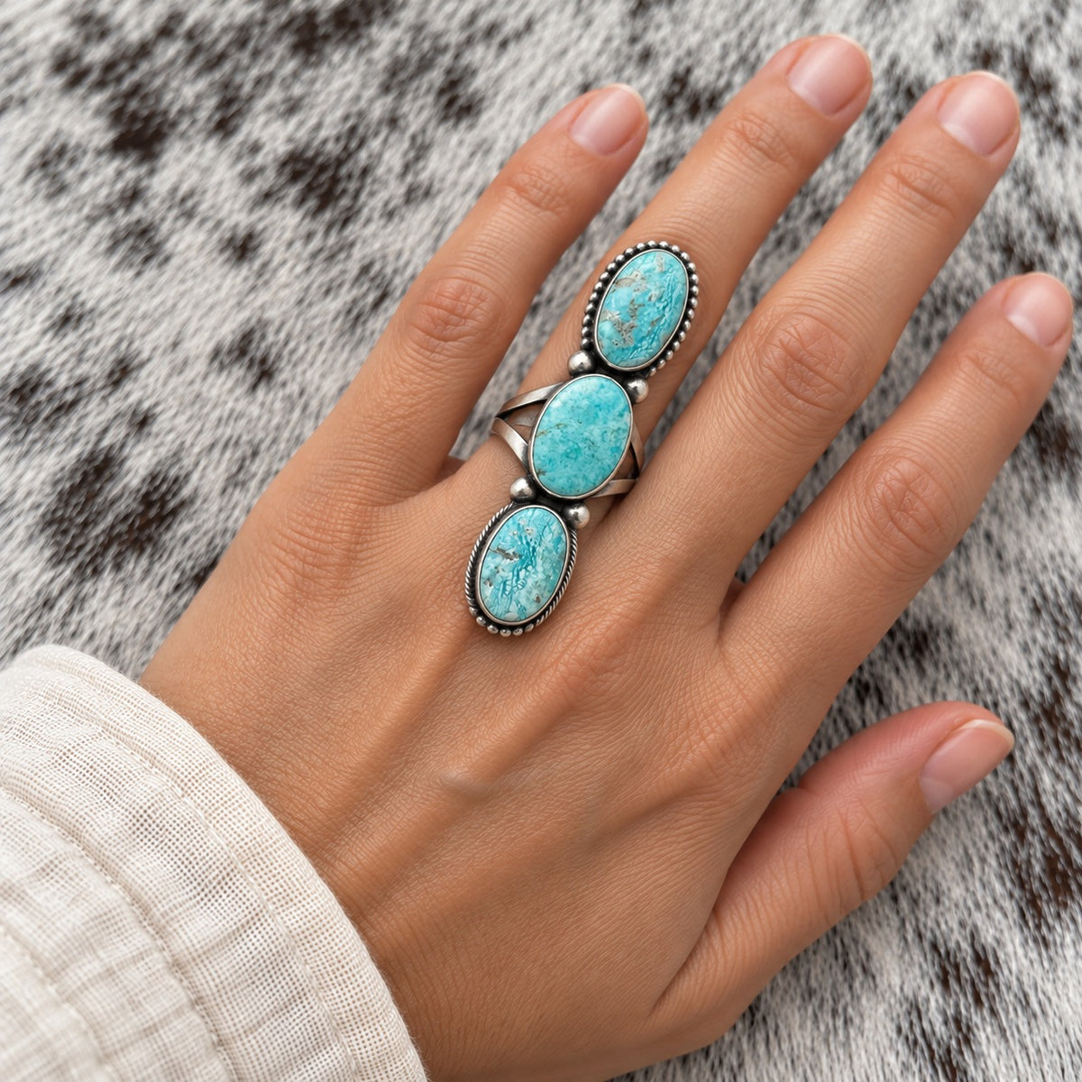 3 Stone Whitewater Turquoise Ring worn around a finger; approximate scale