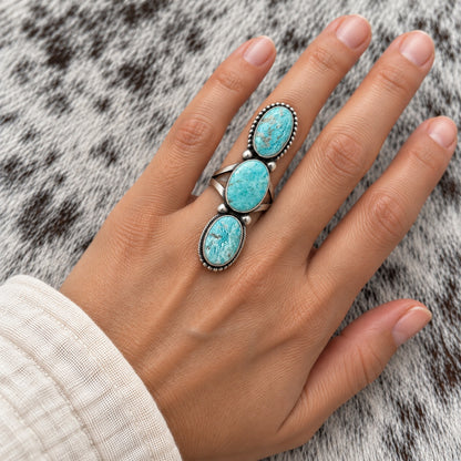 3 Stone Whitewater Turquoise Ring worn around a finger; approximate scale