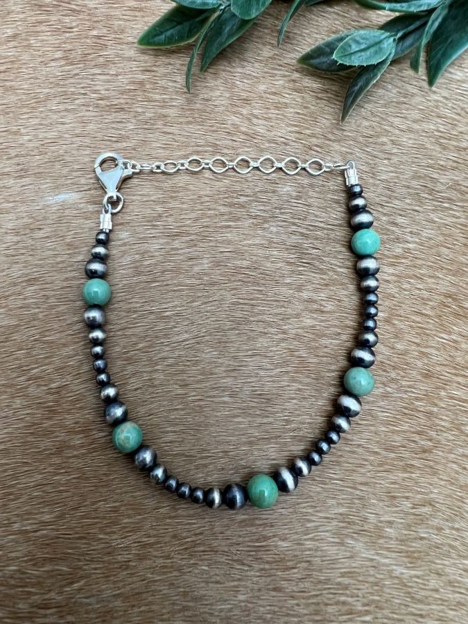 3 to 6mm Graduated Desert Pearls & Green Turquoise Bracelet - Sunset Turquoise Mountain